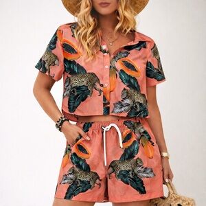 Mavrans Fruta Bomba Cropped Top Shorts Set Vacation Leopard Coral Size Small